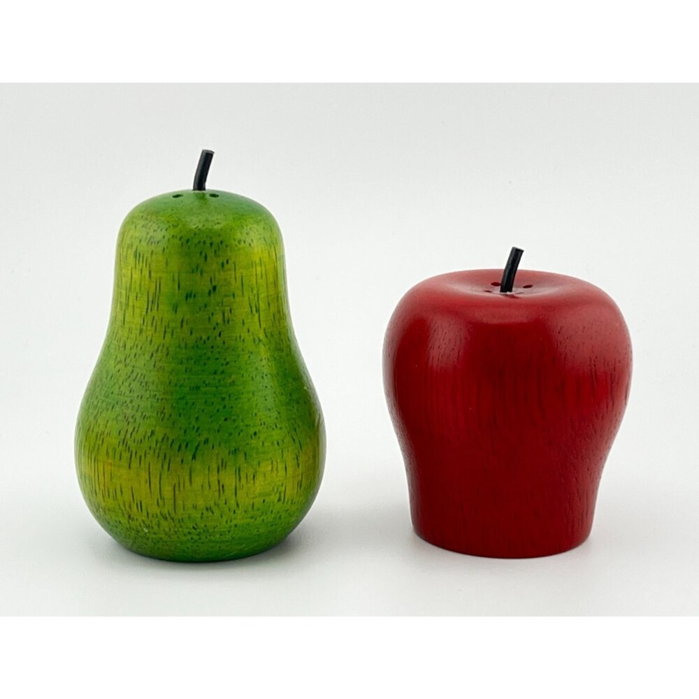 Wooden Apple & Pear 2pc Salt Pepper Shakers Set Red Green Fruit Colorful Party